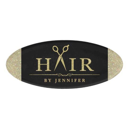 Glitter Hair Pictures of Logo - Black Gold Glitter Hair Stylist Scissors Logo Name Tag | Zazzle.co.uk
