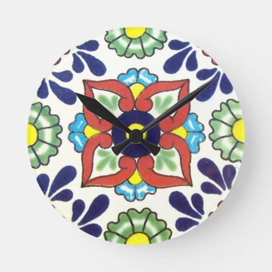 Red Yellow Blue Round Logo - Mexican Talavera tile (red, green, yellow, blue) Round Clock ...