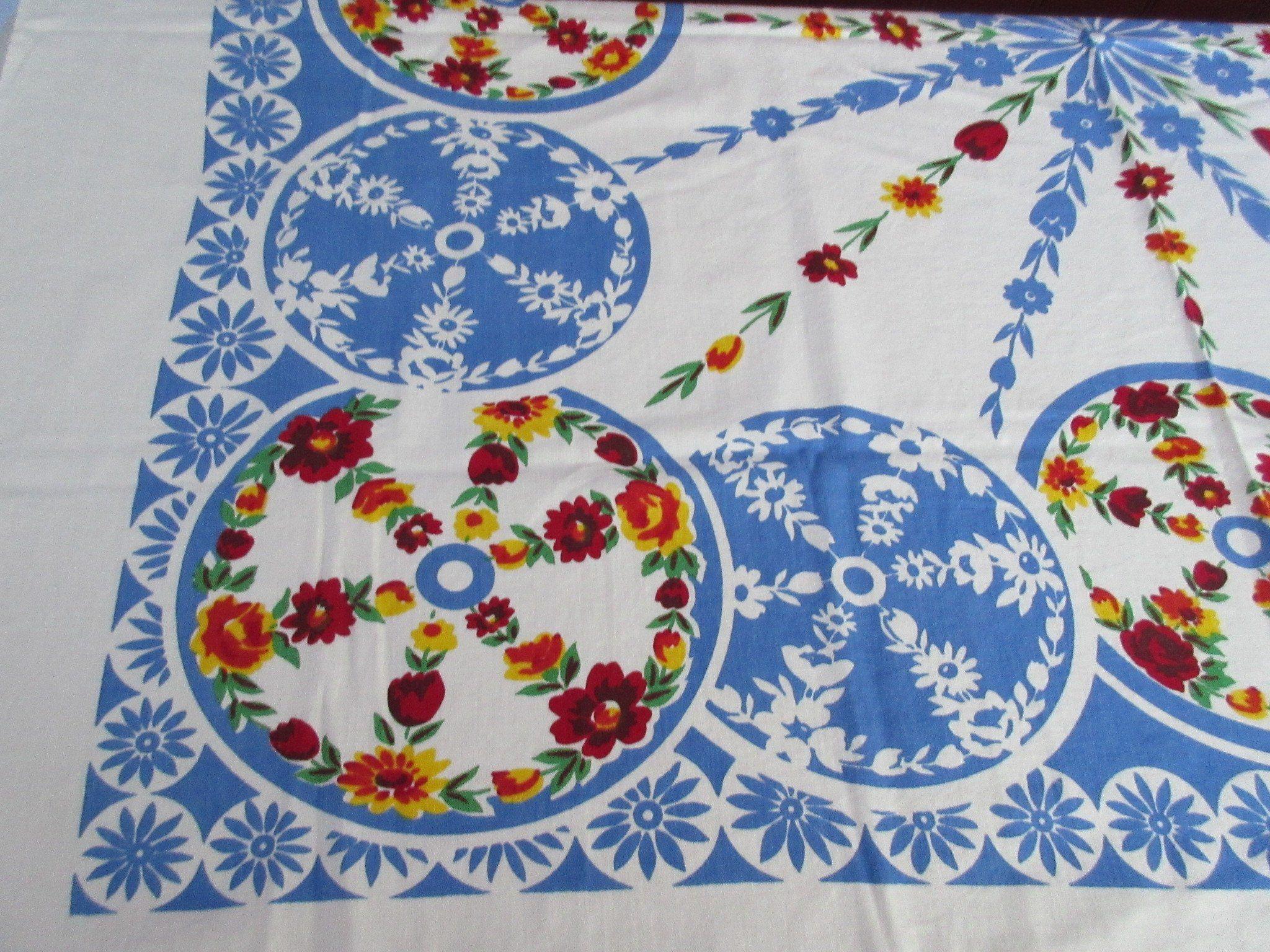 Red Yellow Blue Round Logo - Primary Floral Circles Red Yellow Blue Vintage Printed Tablecloth