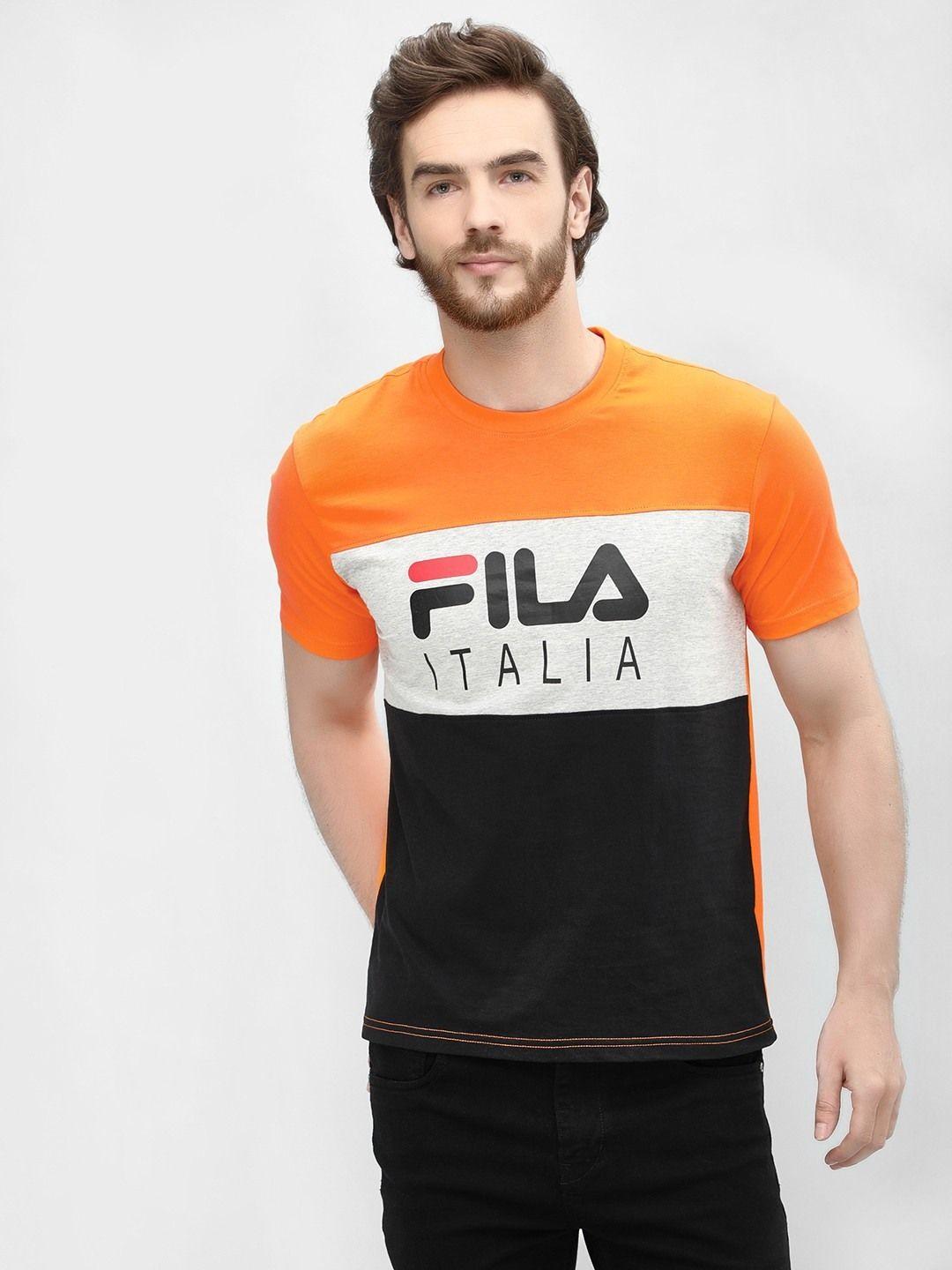 Orange Block Logo - Buy Fila Black Orange Color Block Logo T-Shirt for Men Online in India
