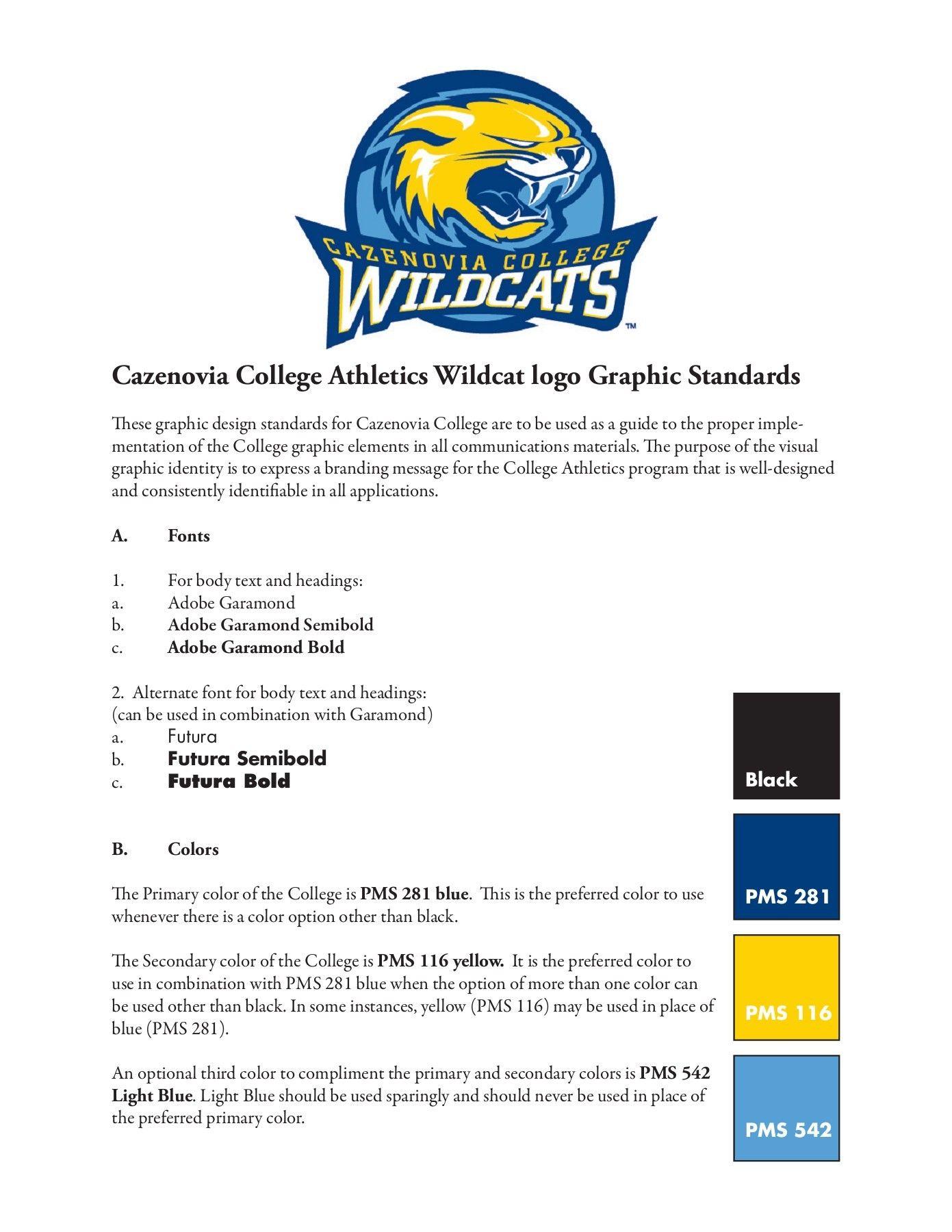 2 Colored College Logo - Cazenovia College Athletics Wildcat logo Graphic Standards Pages 1