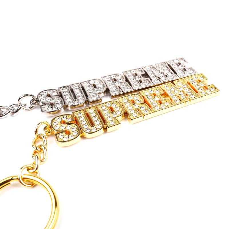 Supreme Block Logo - Spot 18SS Supreme block Logo Keychain gold diamond key chain