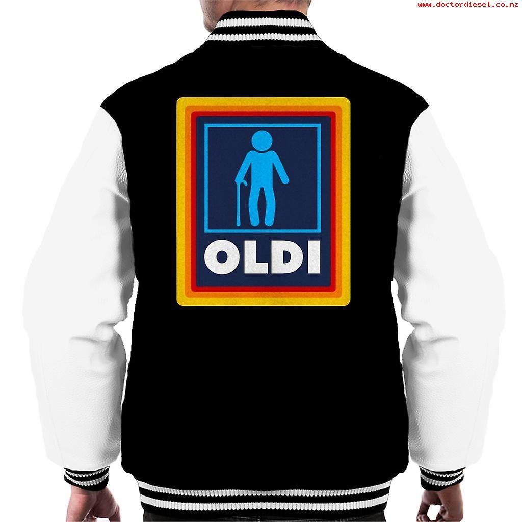 Old Person Logo - OLDI Old Person Aldi Logo Mens Varsity Jacket 309