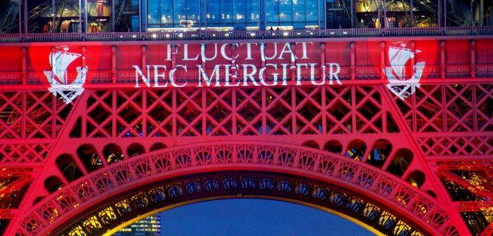 Ifal Tower with Red and Blue Circle Logo - Fluctuat nec Mergitur: Paris' Motto
