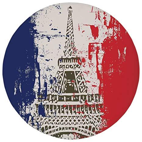 Ifal Tower with Red and Blue Circle Logo - Round Rug Mat Carpet, Paris, Grunge Style French Flag