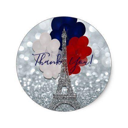 Ifal Tower with Red and Blue Circle Logo - Silver Glitter Eiffel Tower Red White Blue Party Classic Round ...