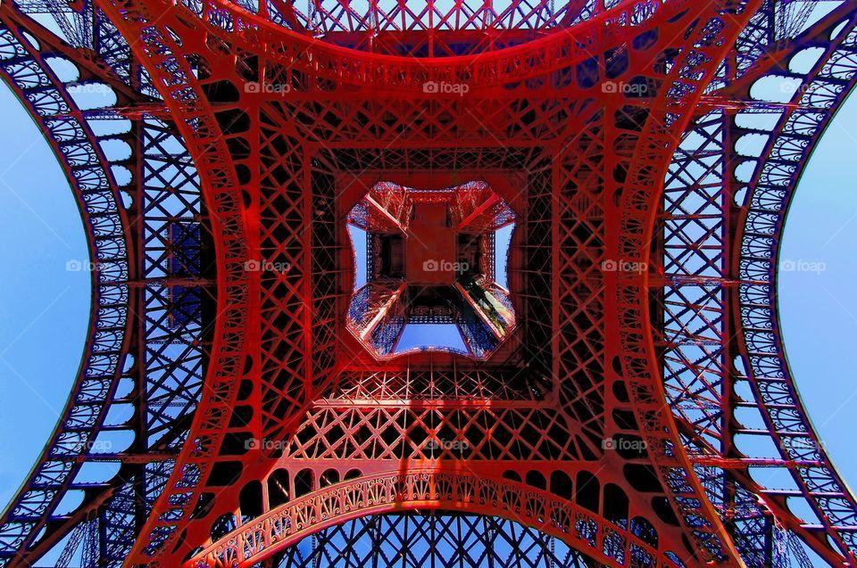 Ifal Tower with Red and Blue Circle Logo - Foap.com: Looking up from directly beneath the Eiffel Tower / Tour ...