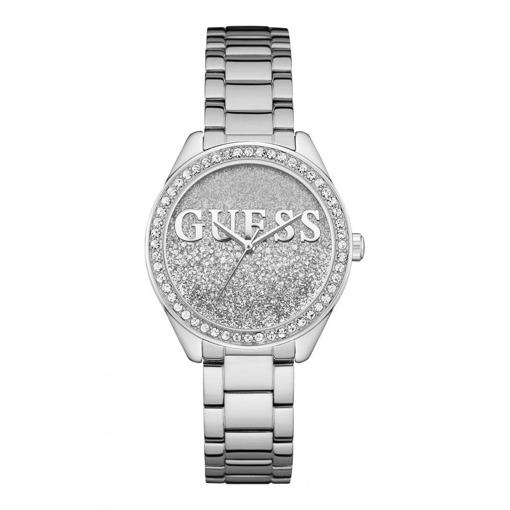 Silver Glitter Logo - Guess Ladies Silver Watch Silver And White Glitter Logo Dial W0987L1