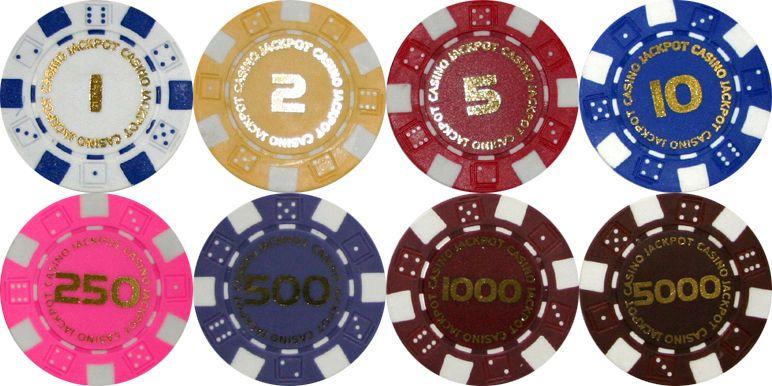 Yellow and Red Chips Logo - x NUMBERED DICE POKER CHIPS 1 Yellow 2 Red 5 Pink 250 Purple 500