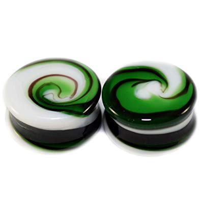Green and White Swirl Logo - Double Flare Green White Swirl Glass Saddle Ear Plugs 7