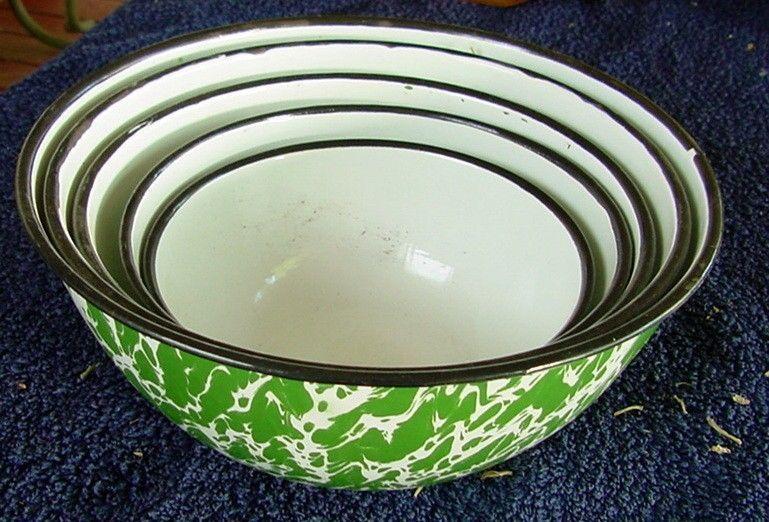 Green and White Swirl Logo - Vintage Unique Green White Swirl Enamelware Nesting Bowls. Vintage