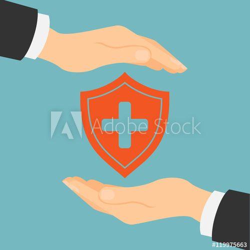 Red Shield White Cross Logo - Medical health concept. Hands protecting red shield with cross on ...