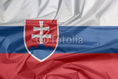Red Shield White Cross Logo - Fabric flag of Slovakia. Crease of Slovak flag background, white