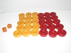 Yellow and Red Chips Logo - Vintage Bakelite Backgammon 15 Butterscotch & 15 Red Chips W