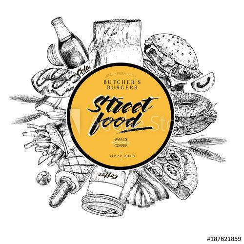 Coffee Food Logo - Hand drawn fast food banner. Street food bakery. Burger, hot dog