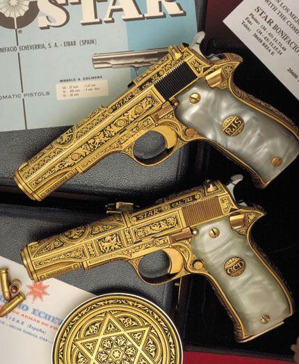 Guns and Gold Logo - Set of gold damascened Star pistols with pearl grips | Blade and ...