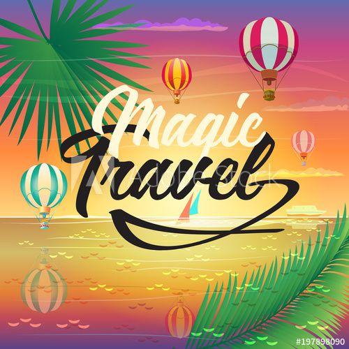 Camping Paradise Logo - Summer sunset Tropical sea beach landscape painting. Magic Travel
