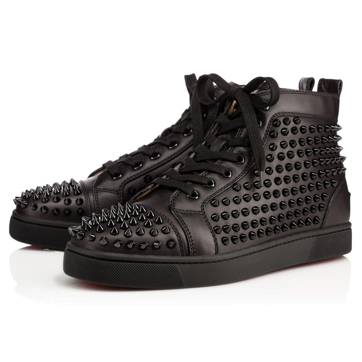 Black Christian Louboutin Logo - Louis Spikes Men's Flat Black Black Bk Leather Shoes
