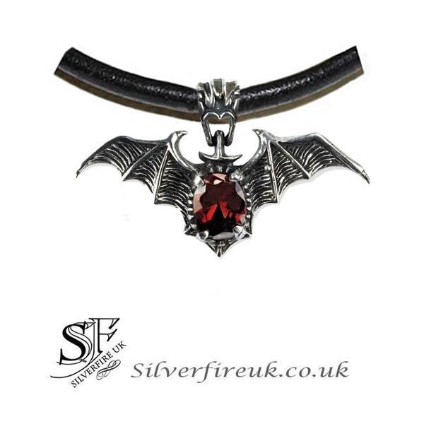 Gothic Bat Logo - Gothic Bat Choker with Red Jewel, Silver Bat Gothic Leather Choker