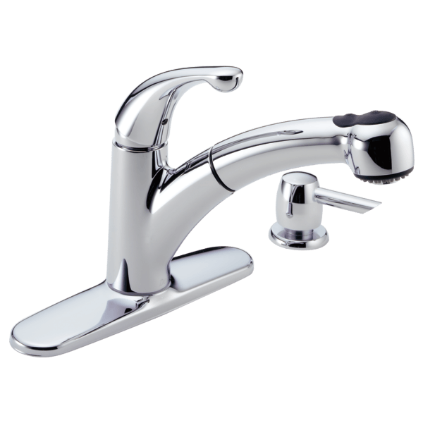 Delta Kitchen Faucets Logo - Single Handle Pull-Out Kitchen Faucet with Soap Dispenser 467-SD-DST ...