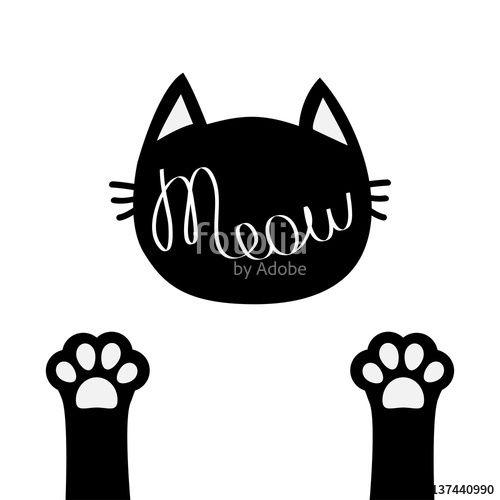Cute Paw Print Logo - Black cat head. Meow lettering contour text. Two paw print leg foot ...