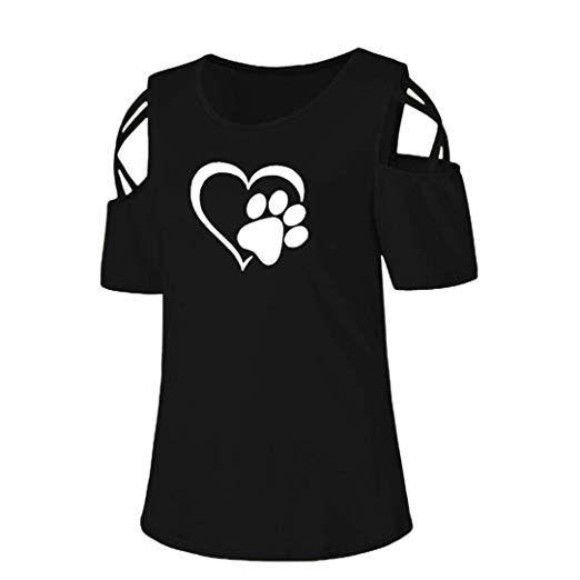 Cute Paw Print Logo - Women Short Sleeve Cute Dog Paw Print Strappy Cold Shoulder T-Shirt ...
