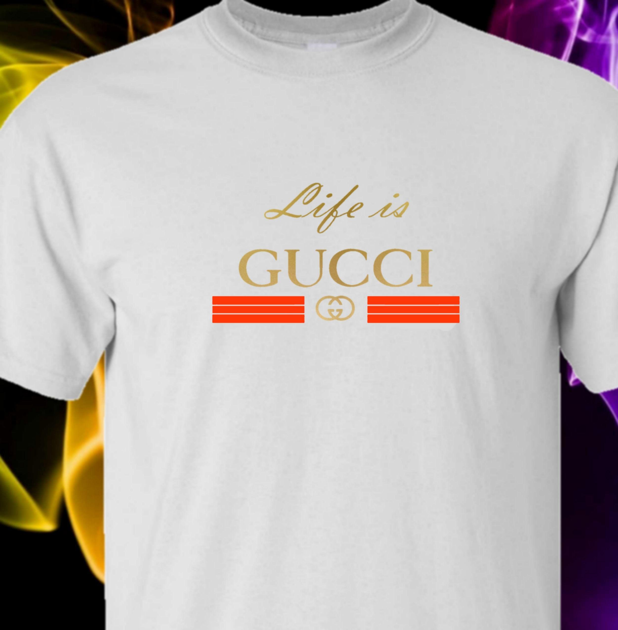 Red Gold White Logo - LIFE IS GUCCI – White Tshirt (GOLD AND RED LOGO) – T-Industries