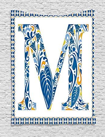 Blue and Yellow Capital M Logo - Ambesonne Letter M Tapestry, Blue Floral Capital Letter