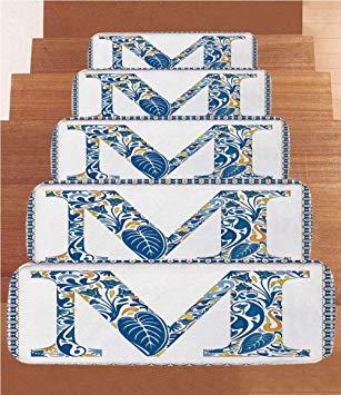 Blue and Yellow Capital M Logo - Coral Fleece Stair Treads, Letter M, Blue Floral Capital