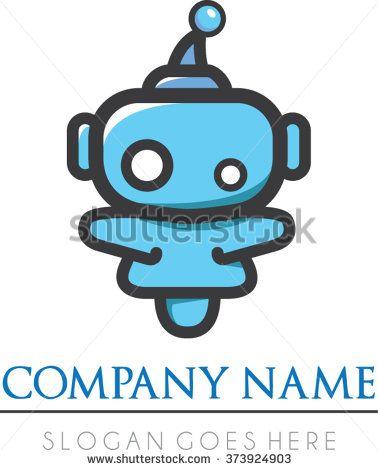 Cute Robot Logo - Blue simple flat droid robot logo vector. Alien robot cute