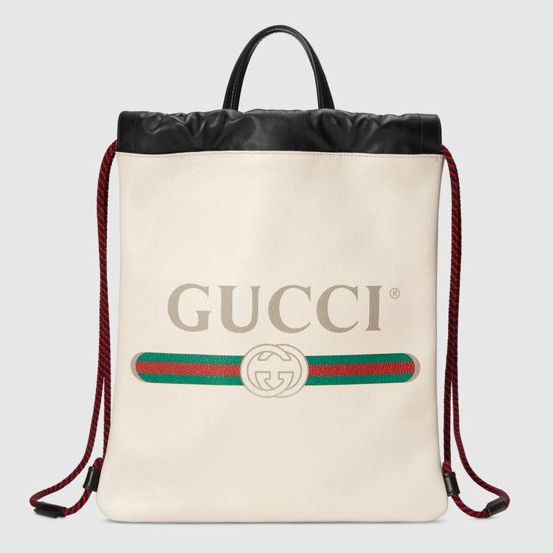 Gucci Small Logo - Gucci Print small drawstring backpack in White leather with Gucci