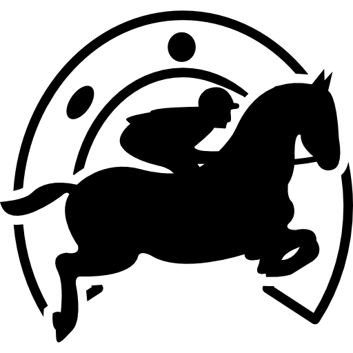 Horse Jumping through Horseshoe Logo - Jumping horse with jockey in front of a horseshoe Icons | Free Download