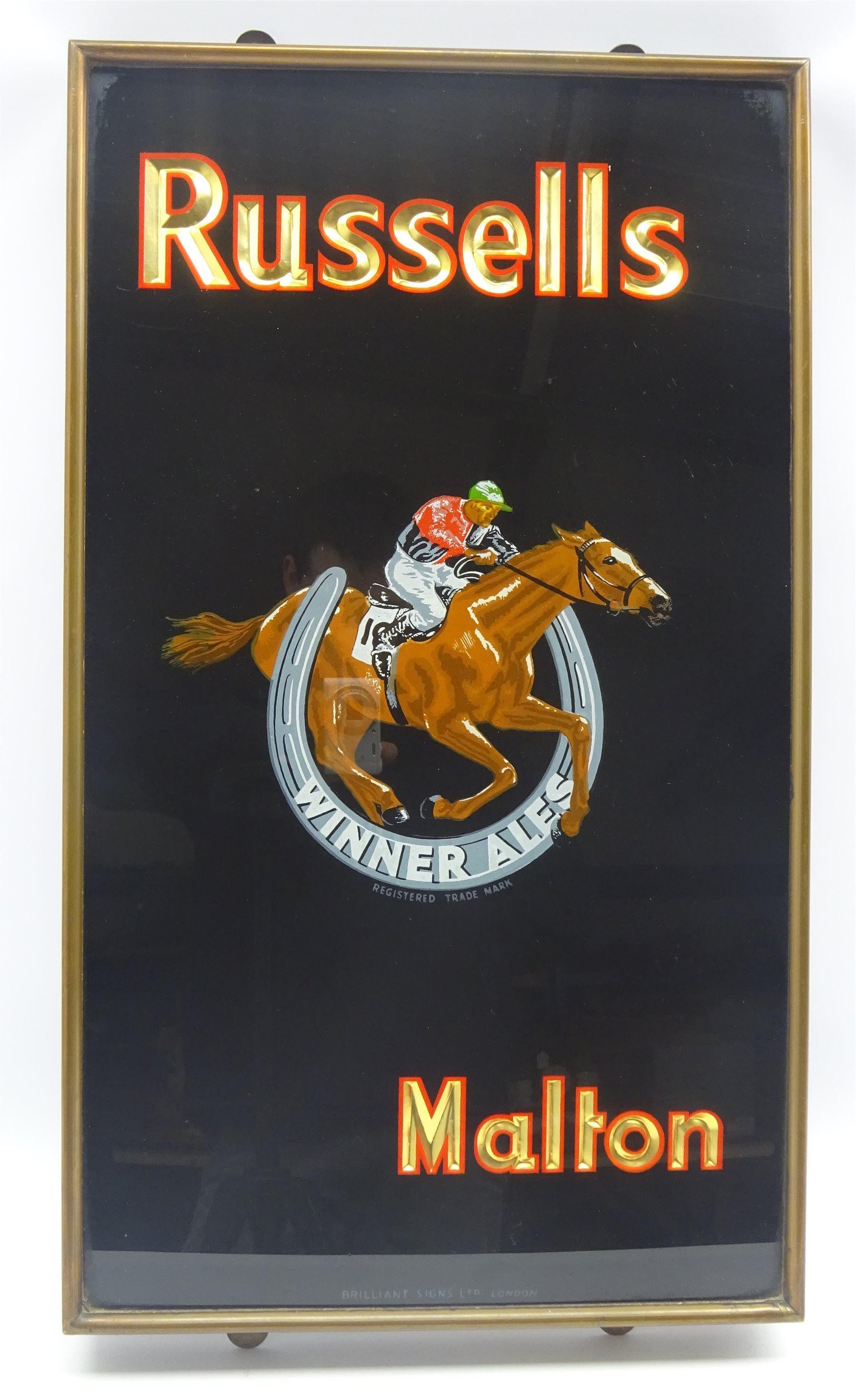 Horse Jumping through Horseshoe Logo - Russells of Malton glass on slate advertising panel with impressed ...