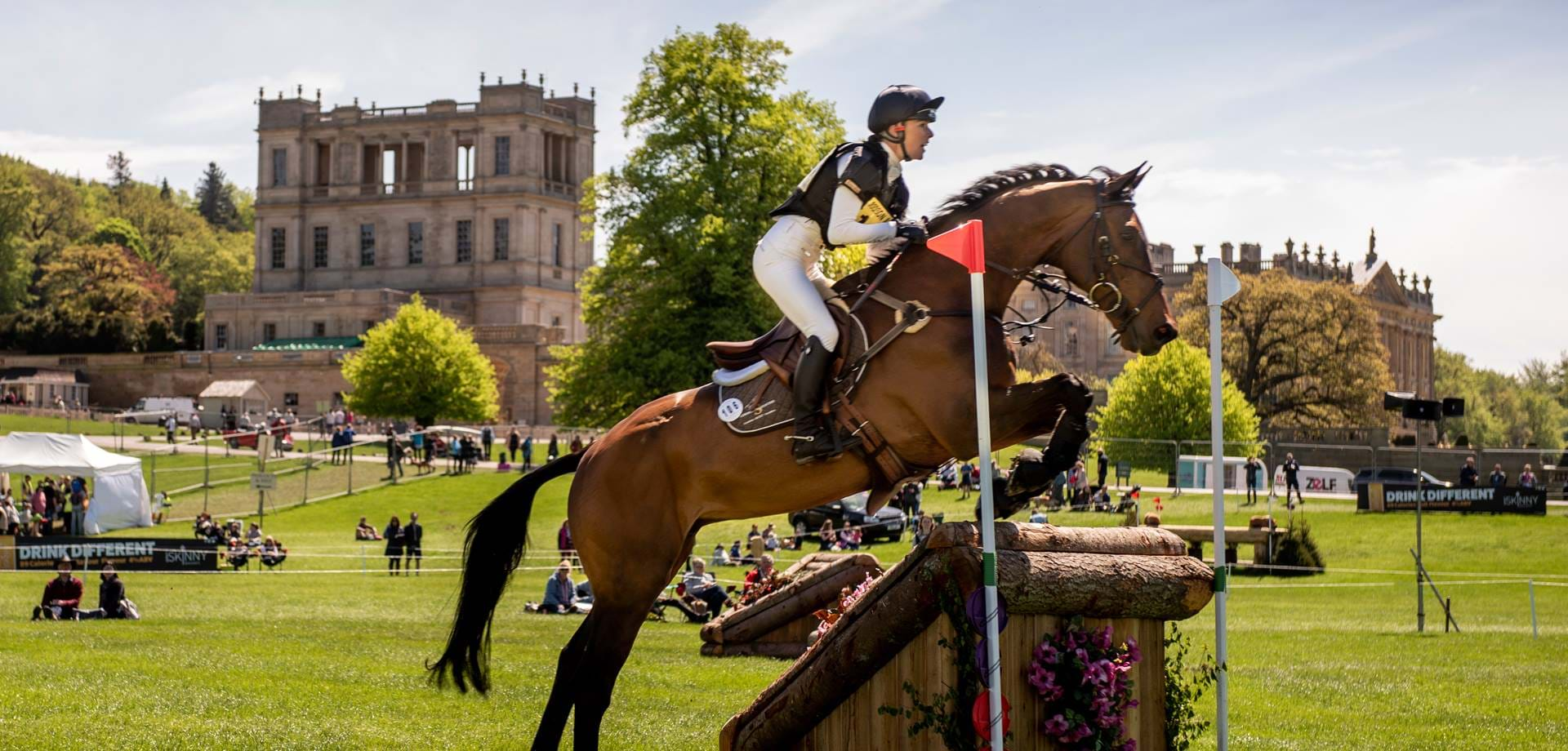 Horse Jumping through Horseshoe Logo - Dodson & Horrell Chatsworth International Horse Trials