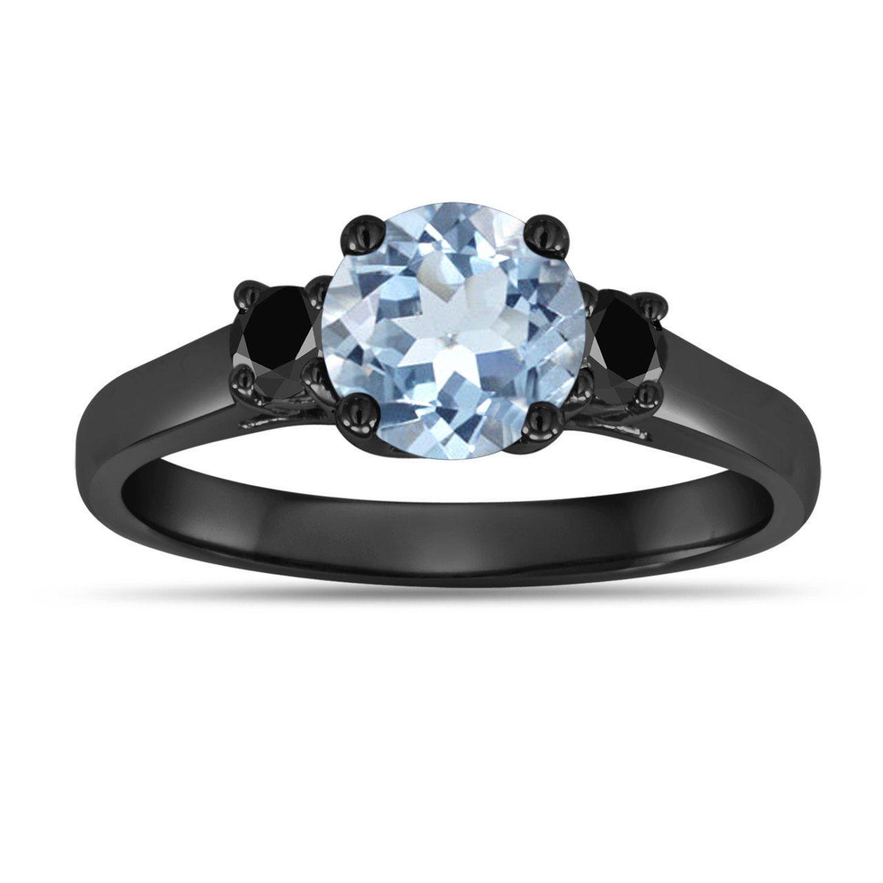 Three Black Diamonds Logo - Aquamarine And Black Diamonds Three Stone Engagement Ring Vintage