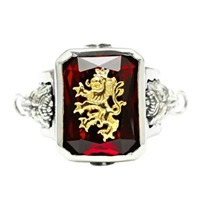 Rectangle with Silver Lion Logo - Bishilin 925 Sterling Silver Mens Ring Lion with Rectangle Red Cubic ...