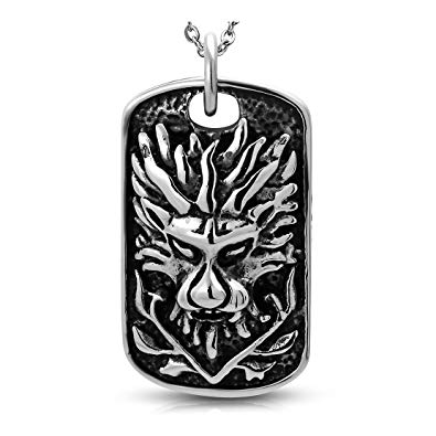Rectangle with Silver Lion Logo - Stainless Steel 2-Tone Repousse Lion Face Rectangle Tag Biker ...