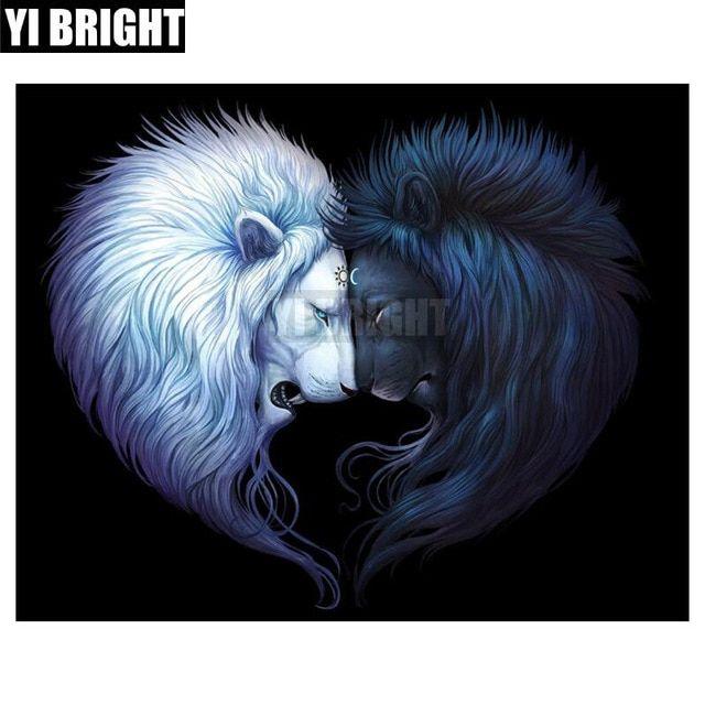 White Lion with Blue Square Logo - 5D DIY Full Square Round Diamond PaintingBlack And White Lion