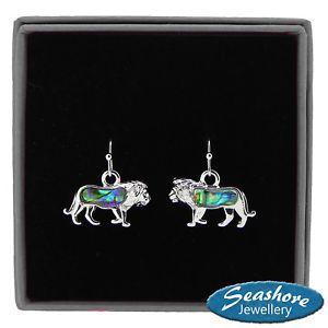 Rectangle with Silver Lion Logo - Lion Earrings Abalone Paua Shell Womens Silver Fashion Jewellery ...
