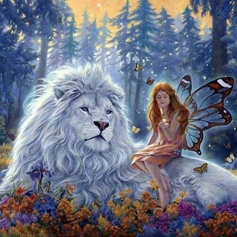 White Lion with Blue Square Logo - DIY Diamond Painting Embroidery 5D White Lion Angel Picture