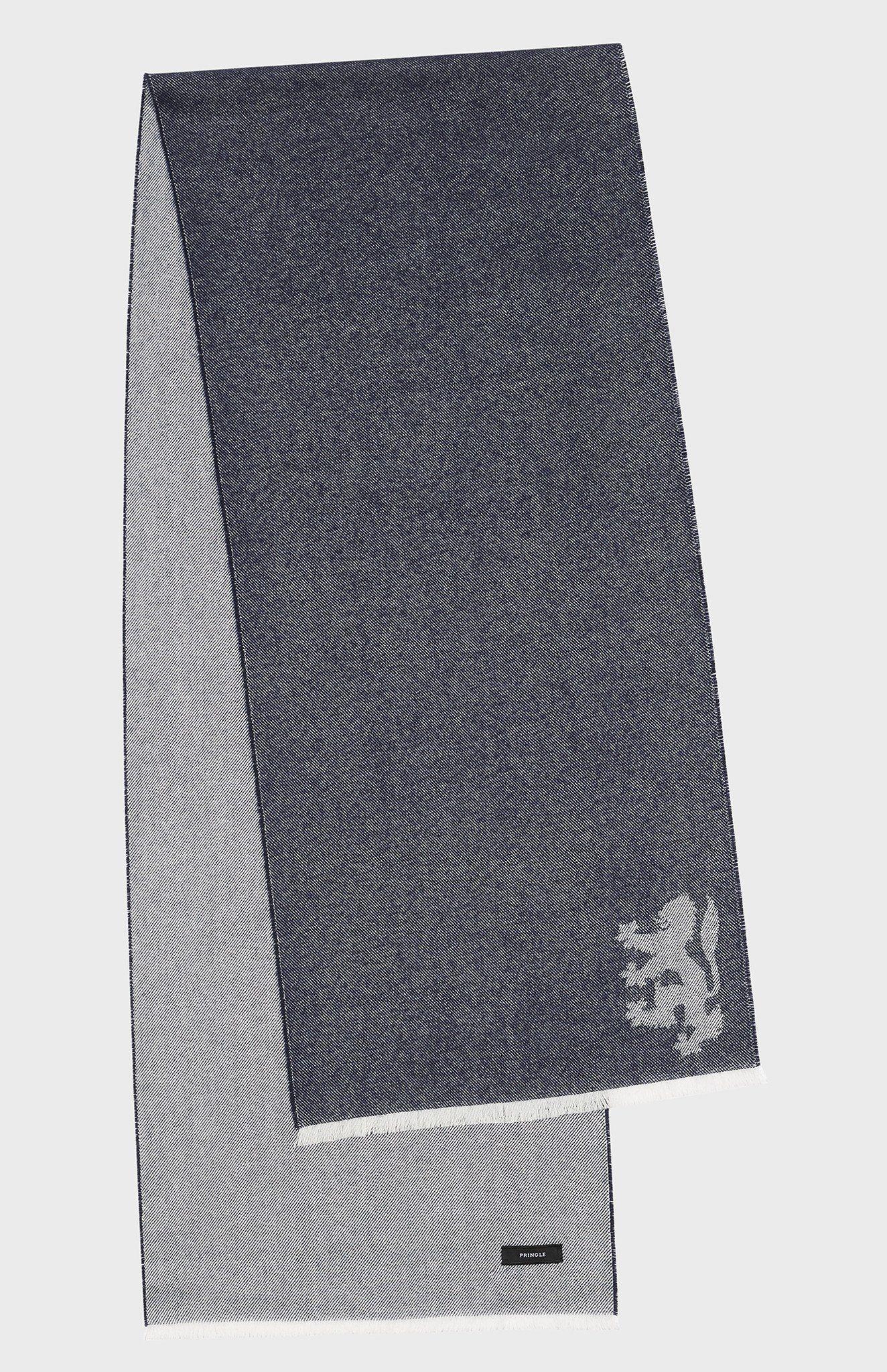 Rectangle with Silver Lion Logo - PRINGLE OF SCOTLAND | JACQUARD LION SCARF In Navy/Off White