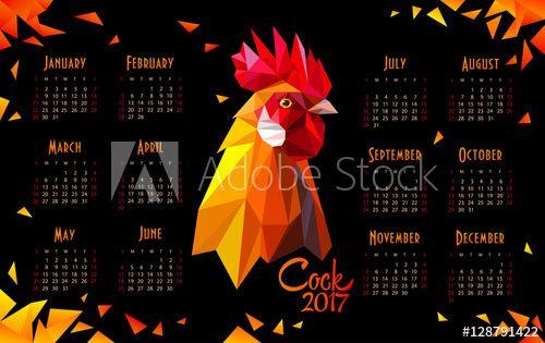 Red Triangle Rooster Logo - Calendar 2017 on black background with a rooster. Red fiery cock ...