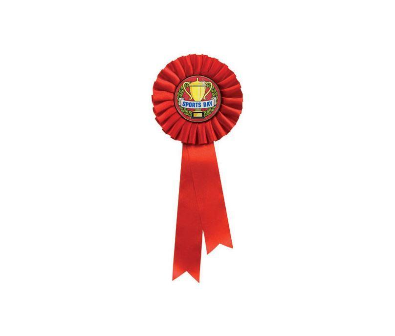 Red W Sports Logo - Single Tier Red Rosette With Sports Day Centre Disc 30cm (11.75