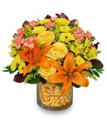 Yellow Flower Candy Company Logo - Candy Corn Halloween Bouquet in Solana Beach, CA - DEL MAR FLOWER CO