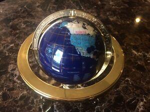 Gold Blue World Globe Logo - Blue World Globe, Inlaid Stones with Gold colored metal Tripod Ocean
