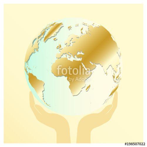 Gold Blue World Globe Logo - Golden and blue planet Earth in two human hands or palms on light