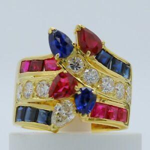 A Diamond with a Red White F Logo - Red, White, and Blue Cocktail Ring 18k Yellow Gold F VS1