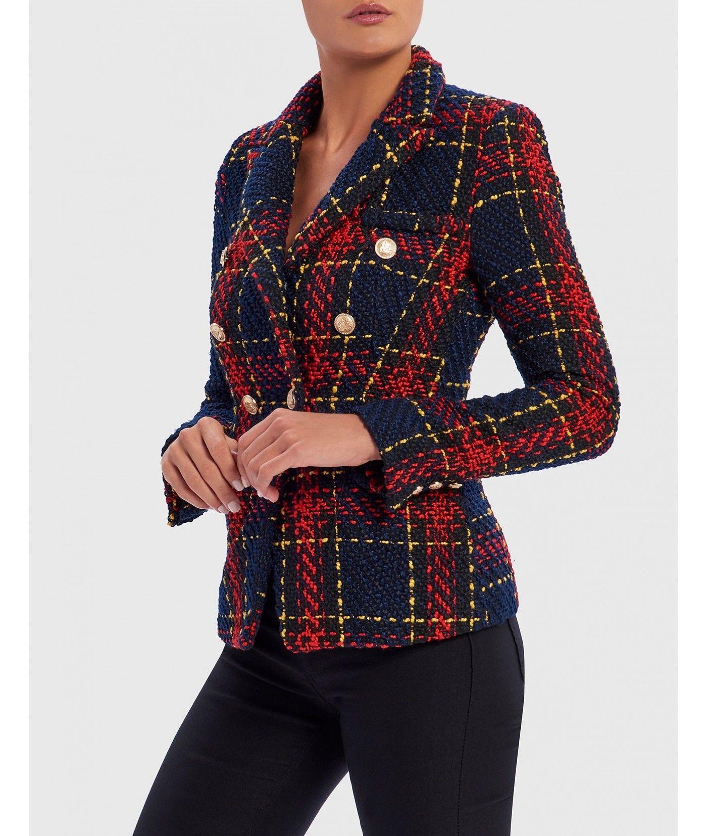 Red and Blue Check Logo - Red And Blue Check Print Tweed Blazer Jacket | Forever Unique