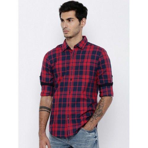 Red and Blue Check Logo - Buy HIGHLANDER Men Navy Blue & Red Slim Fit Checked Casual ...