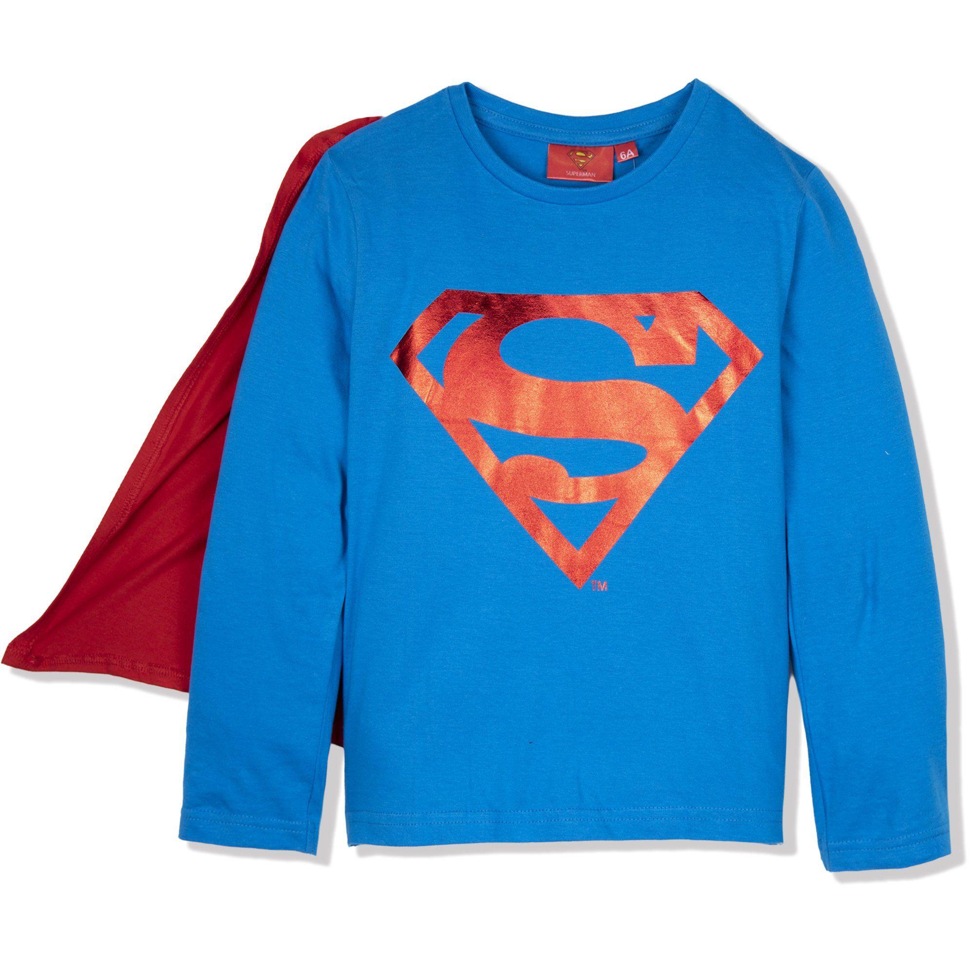 Light Blue Superman Logo - Superman Boys Long Sleeve Logo Top T-Shirt with CAPE 100% Cotton NEW ...